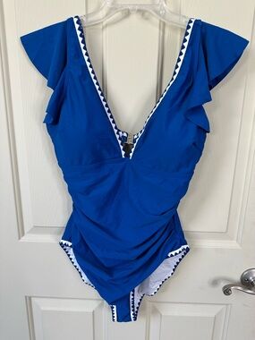 Blue Ruffle V-Neck One-Piece Swimsuit
